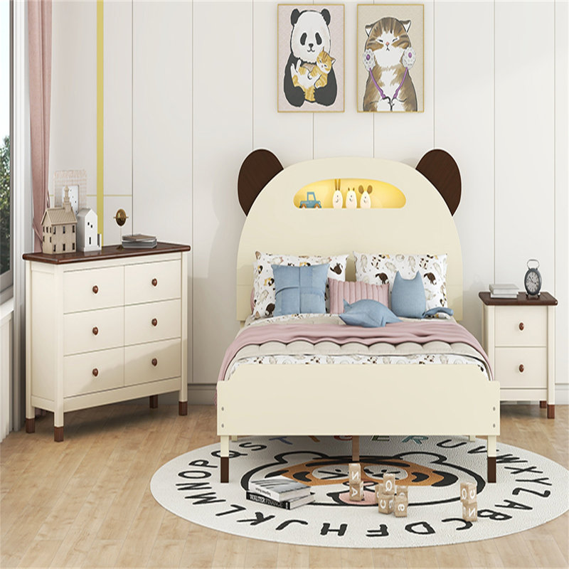 Ensemble de chambre à coucher de 3 pièces Goronwy, lit plateforme double en forme d'ours avec table de chevet et commode, crème et noyer