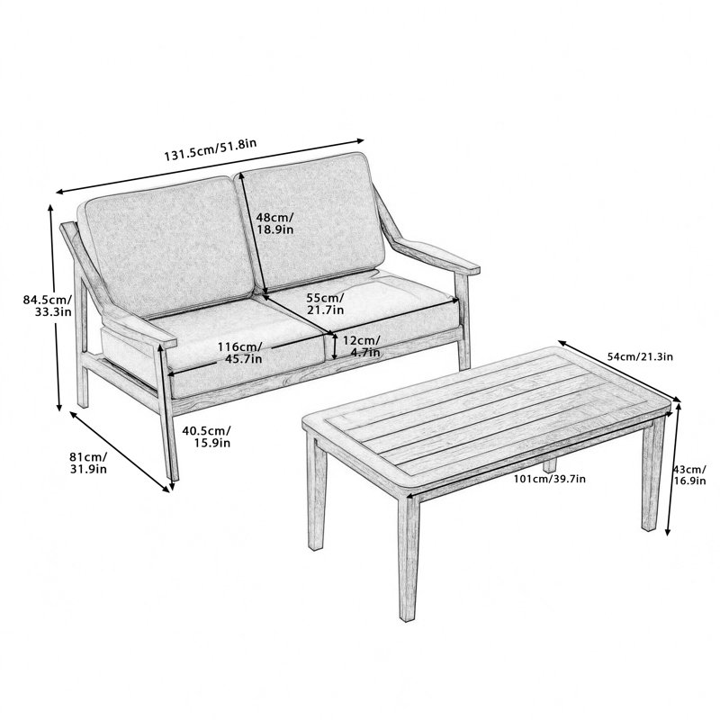 Ensemble de patio d'extérieur pour deux personnes en teck avec coussins et table basse Marlo, Gris, Brun