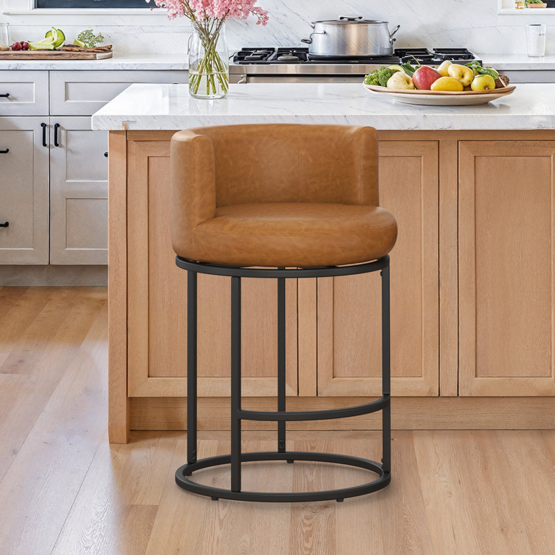 26" Swivel Counter Stool With Cylindrical Metal Frame And Full-Round Seat, Whiskey Brown