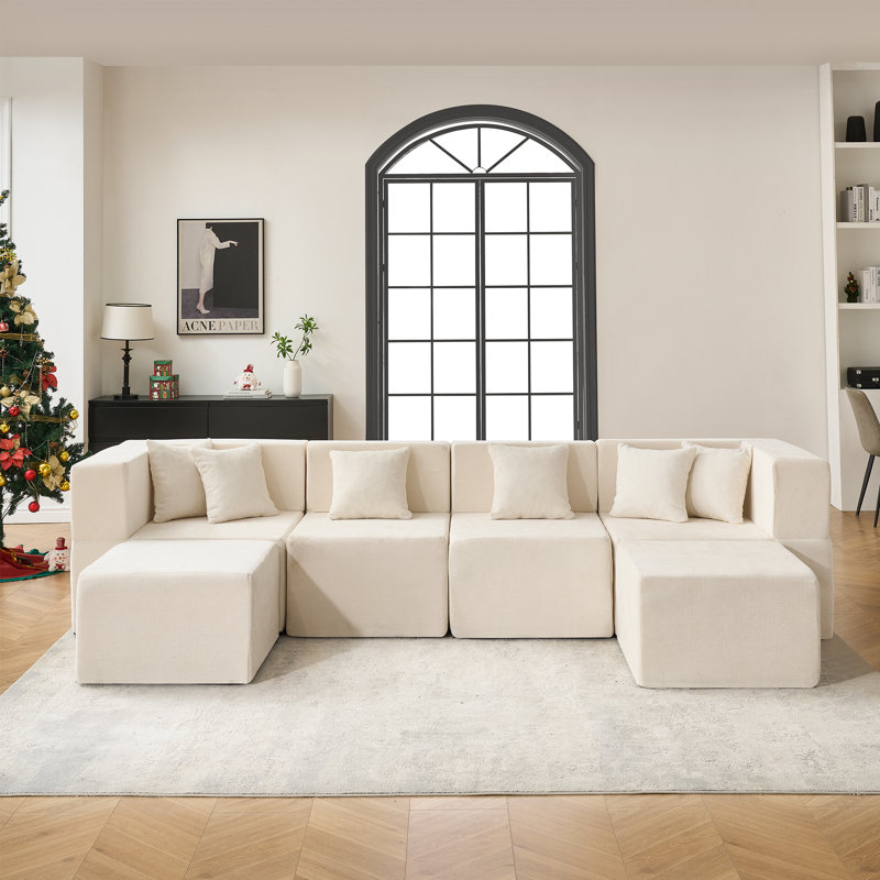 Canapé modulaire en nuage de 130 po avec 2 repose-pieds, canapé en forme de L pour siège profond, canapé d'angle en chenille moderne, canapé-lit surdimensionné sans assemblage, mobilier de salon surdimensionné, beige