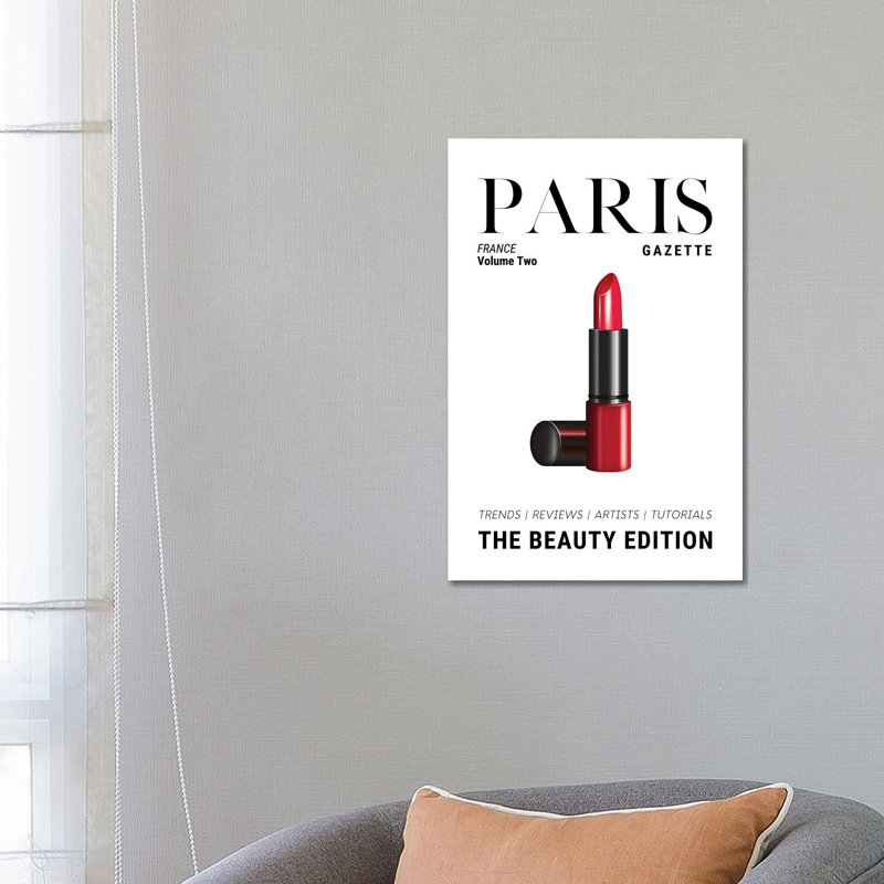 Paris Gazette Beauty Magazine Cover With Classic Red Lipstick by Design Harvest - Wrapped Canvas Print