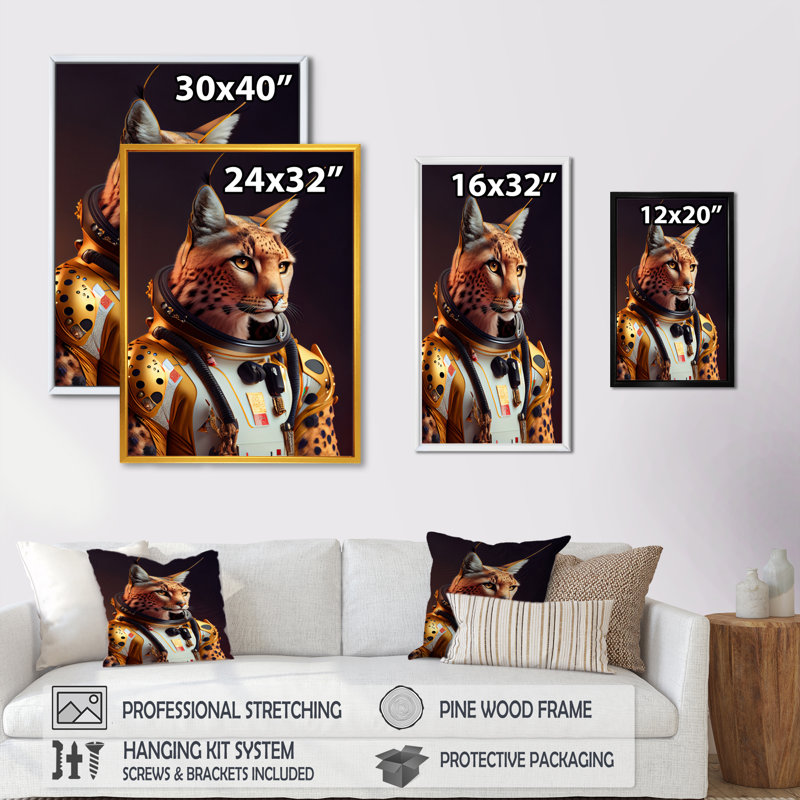 Art sauvage sur toile, "Wildcat in Space Uniform", H 32 po x l 16 po x P 1 po, Toile avec cadre flottant or