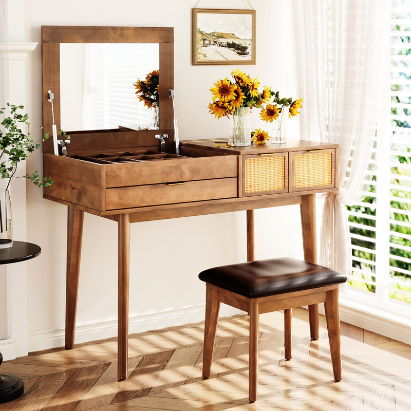 White Solid Wood Makeup Vanity With Stool, 43.3" Flip-Top Mirror And Three Drawers, Functional Design Classic , Drawers