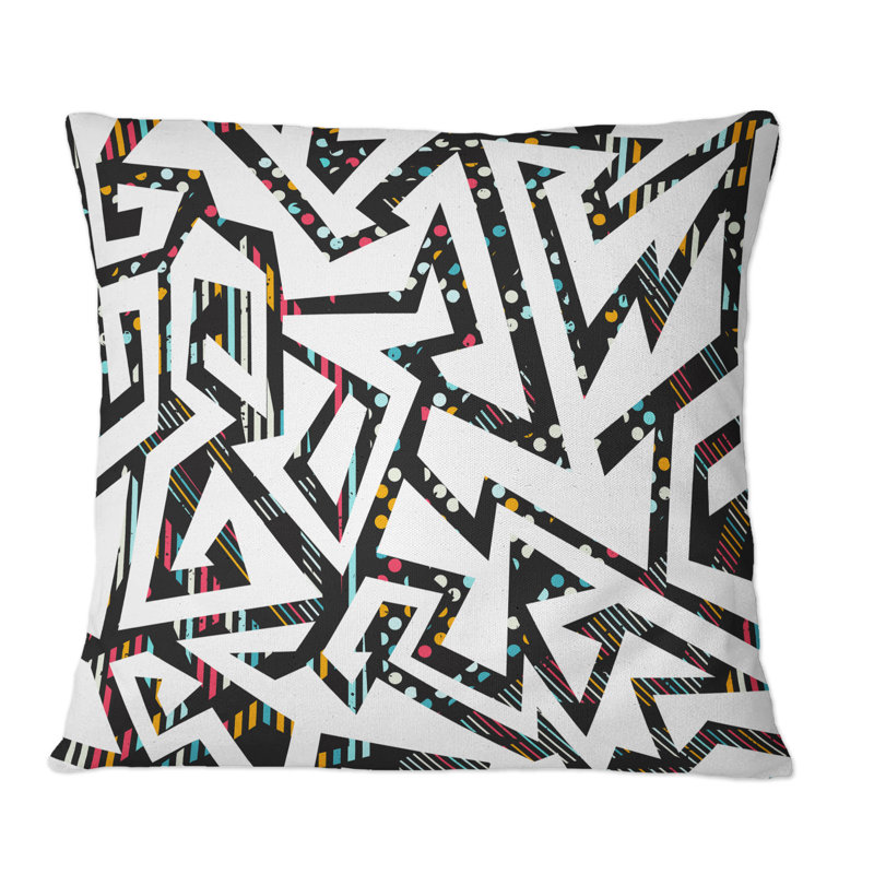 Coussin décoratif abstrait à motif géométrique noir sur fond blanc, 18 po x 18 po