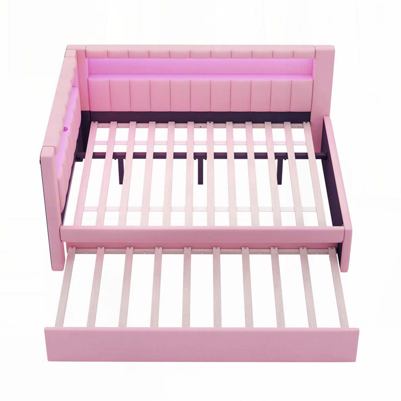 Lit plateforme tapissier avec ports USB et ceinture à DEL, avec lit gigogne, Rose, Lit double