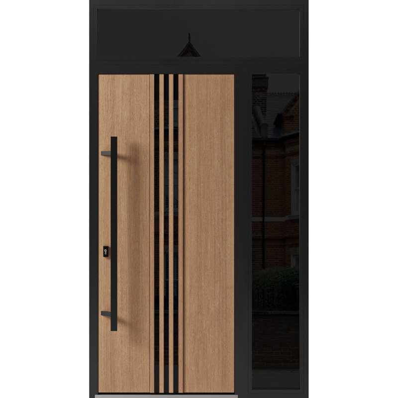 Façade avant en acier pré-suspendue / Ronex 1055 en teck / Fenêtre extérieure latérale et supérieure en métal / Entrée en métal peint moderne l 36 + 14 po x H 80 + 16 po à droite