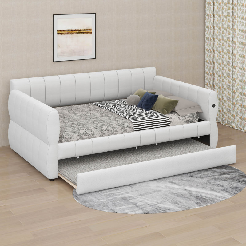 Upholstered Daybed With Trundle, Queen sofa Bed Daybed With Trundle Bed, Backrest, White