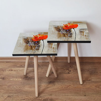 Ensemble de 2 tables gigognes modernes, conception abstraite, pieds en bois de hêtre, 13,8 po x 18,5 po x 13,8 po et 13,8 po x 16,5 po x 13,8 po | Fabrication 100% en panneau de fibres à densité moyenne de 0,7 po d'épaisseur | Idéal pour le salon, élégant et fonctionnel