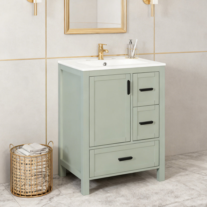 Meuble-lavabo de salle de bain avec lavabo en céramique, tablette de porte double couche et 3 tiroirs, Vert / noir