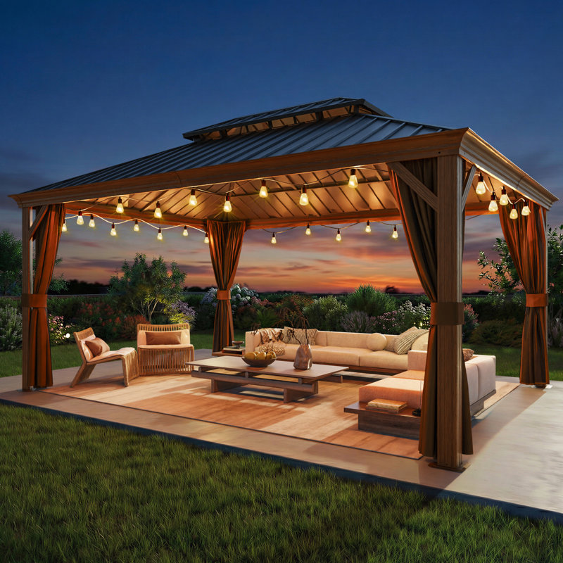 16 pi L 12 pi. D Pavillon de jardin extérieur en aluminium à toit rigide avec toit à double couche, rideaux et moustiquaire