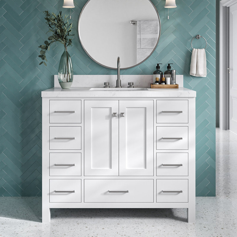  Meuble-lavabo simple 42,25 po avec comptoir en quartz, Blanc / nickel brossé, Rectangular