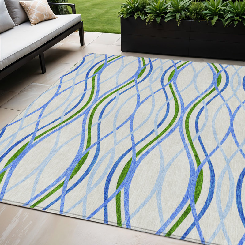Tapis extérieur lavable abstrait bleu ciel et beige 5 pi x 8 pi