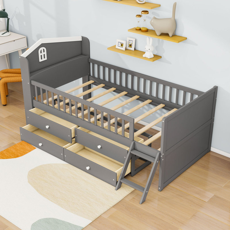 Structure de lit mezzanine simple 4 tiroirs en bois, gris