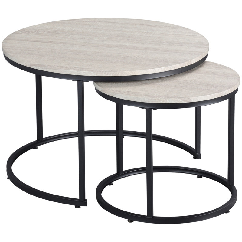 Round Light Brown Wood and Black Metal Nesting Coffee Tables Set
