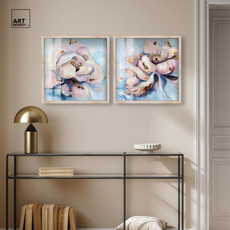 «Blush Pink Whimsy Floral Art», ensemble de 2 panneaux par Shadowbox , H 21 po x l 21 po, Crème, crème