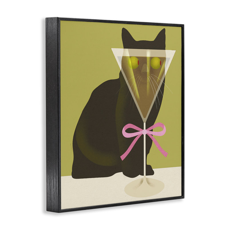 Drôle de chat et d'olives Martini, estampe numérique, design par Lil 'Rue, Giclée encadrée noir minuit, H 30 po x l 24 po