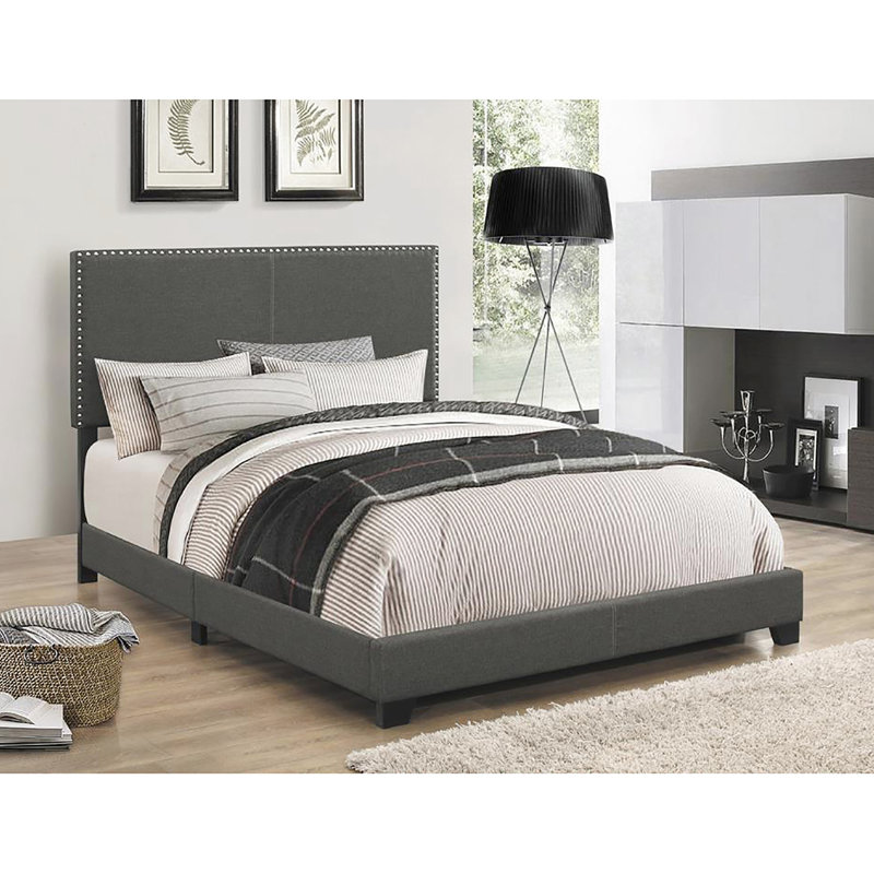 Lit avec pieds en bois massif et garniture cloutée exquise noir enchanteur, Lit double, Gris anthracite