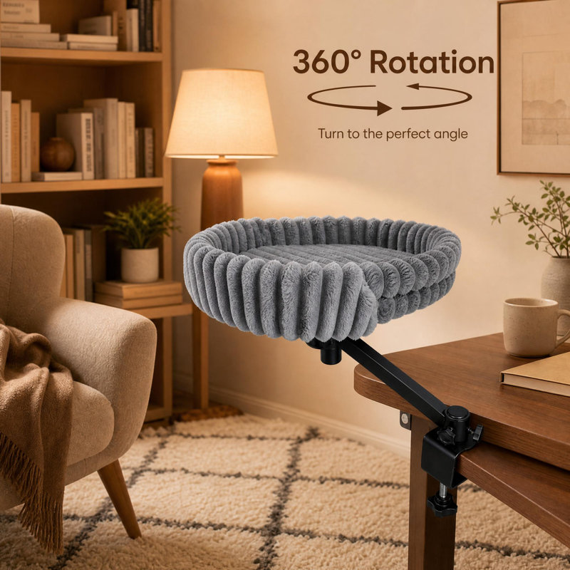 Lit de table rotatif pour chat en flanelle grise rayée grise