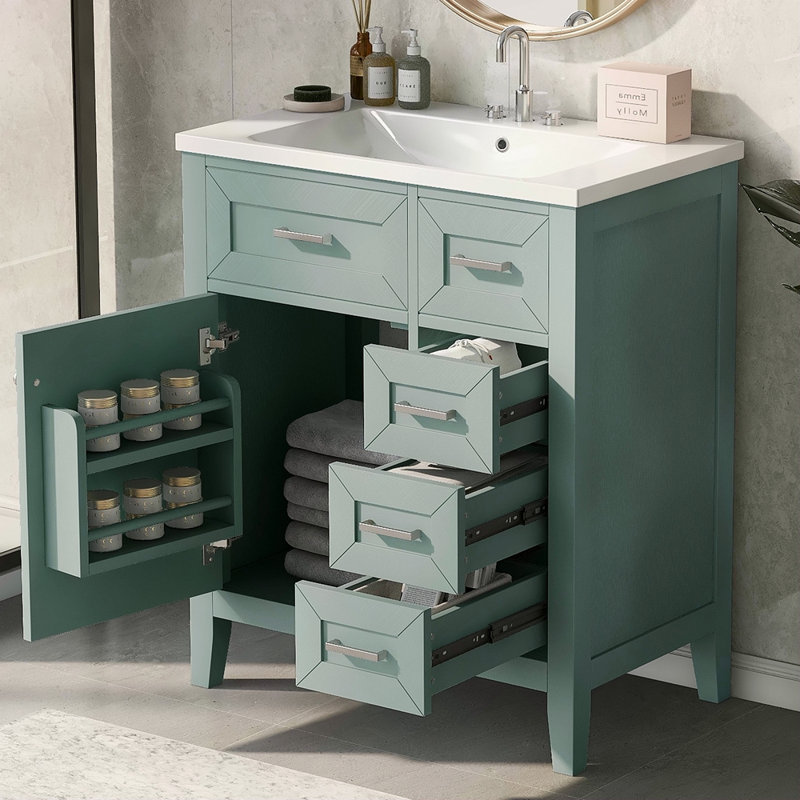 Ensemble de meuble-lavabo avec lavabo 30 po, armoire de salle de bain verte avec tiroirs, structure solide et panneau de fibres à densité moyenne