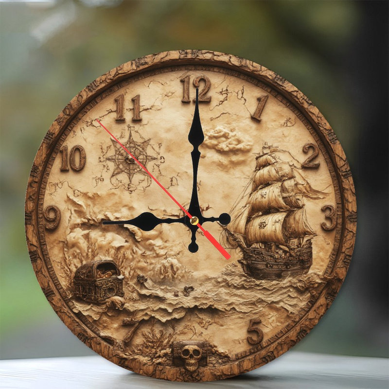 Clock Face With Pirate Ship Treasure Map