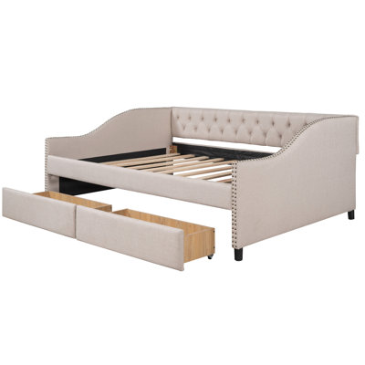 Beige Daybed With Two Drawers And Stable Wood Slat Structure - Make Your Home A Haven Of Comfort Style Full Size Drawers, Upholstery & Back Enhance Living Space