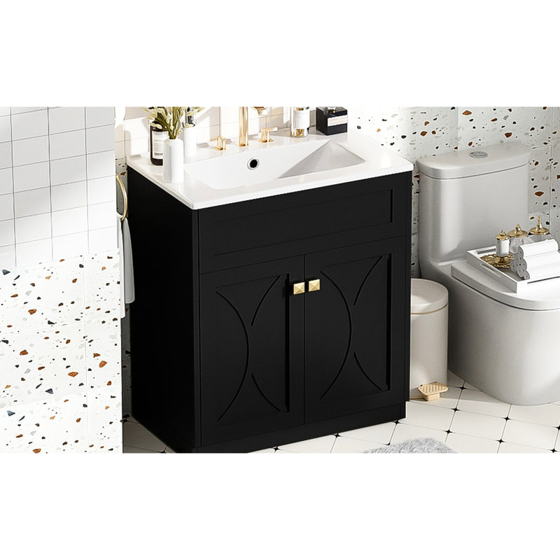 Meuble-lavabo de salle de bain 30 po - Armoire moderne noire avec charnières et poignée en métal exquise, Noir