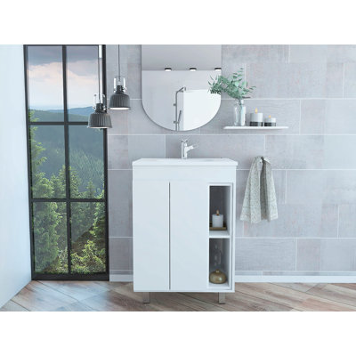 Meuble-lavabo 24 po Meka, deux tablettes extérieures, armoire à deux portes - blanc