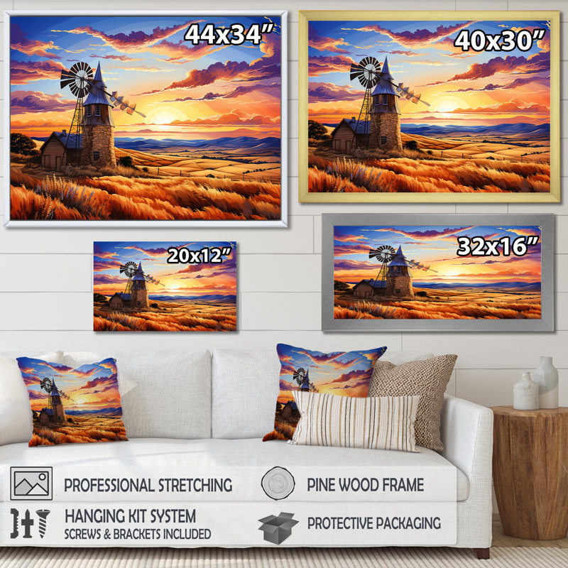 Windmill Evening Glow Meadows - Wind Turbines, art mural, H 34 po x l 44 po x P 1,5 po, Cadre flottant blanc