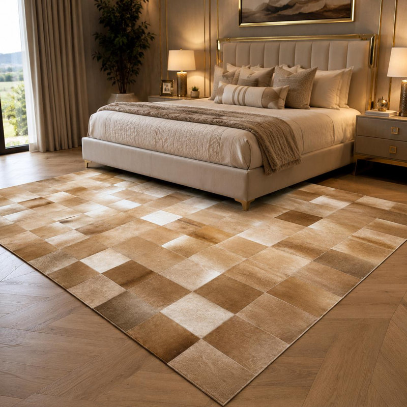 Tapis en cuir de vache patchwork fait à la main, tapis en cuir véritable, tapis aux tons neutres, Tapis de couloir 2,5 x 8 pi