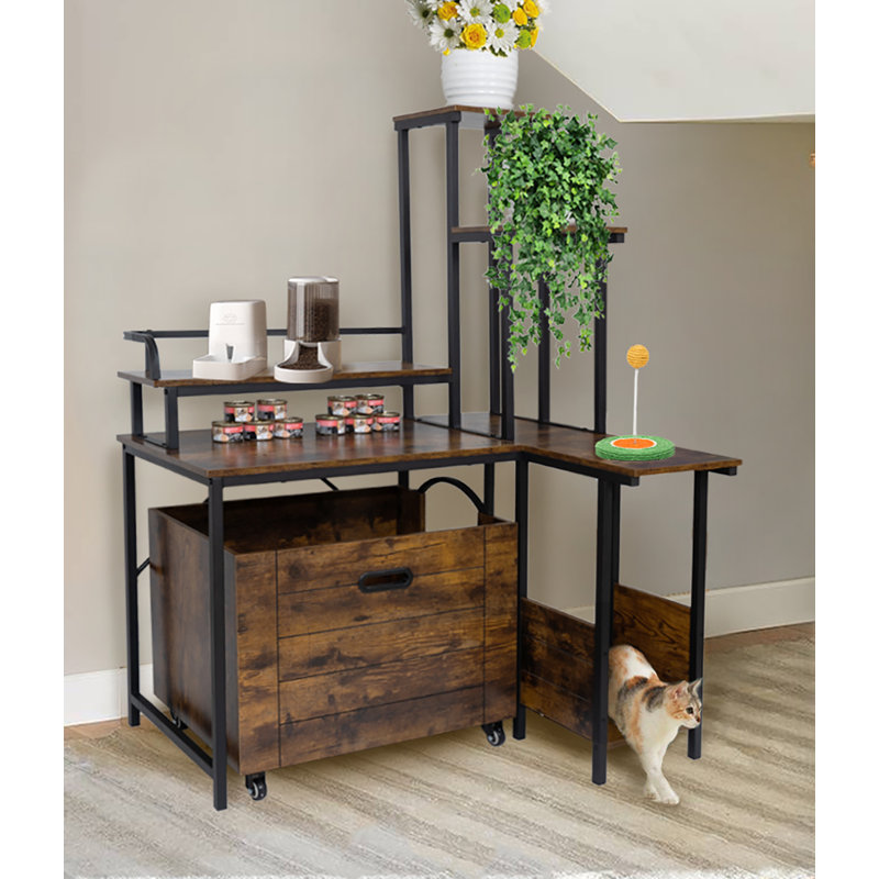 Cat Litter Box Enclosure Furniture With Flower Stand, Brown