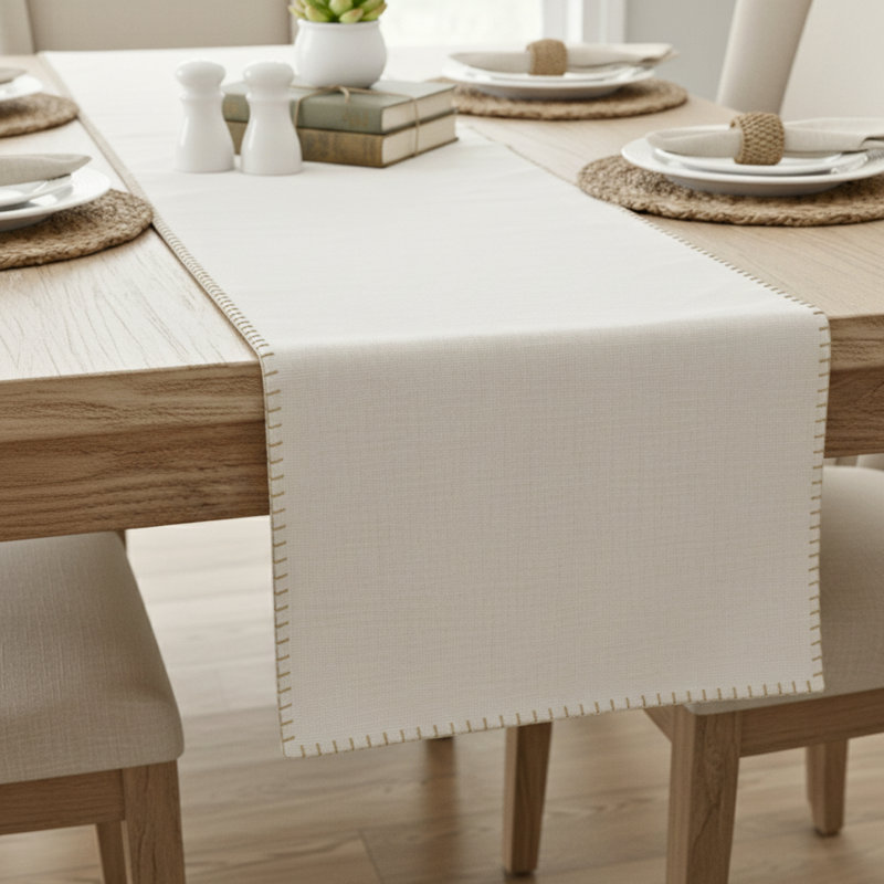 Cotton Table Runner With Decorative Stitched Edges, Dresser Scarf, Furniture Top Cover, Beige, 90" L