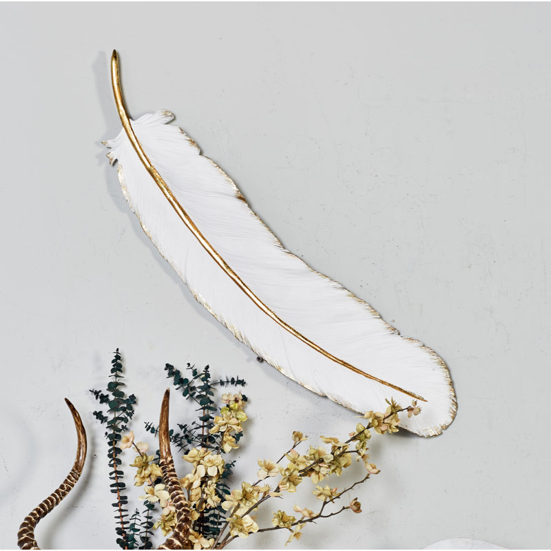CosmoLiving by Cosmopolitan White Polystone Feather Bird Home Wall Decor, White Gold