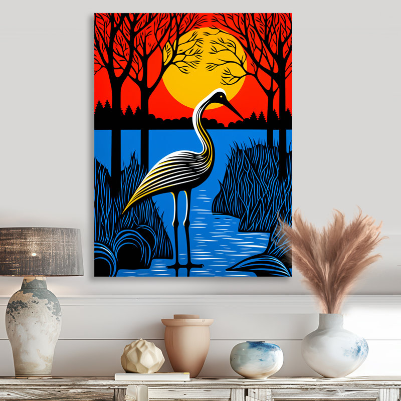 Cigogne par la pleine lune, art mural pélican, Sans cadre, métal, H 32 po x l 16 po