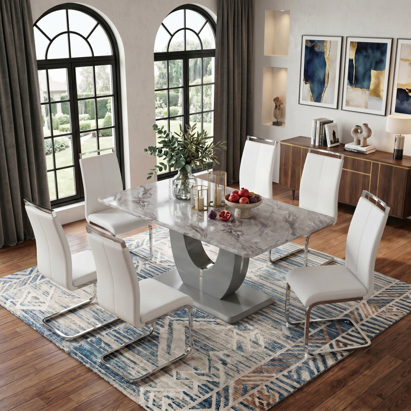 Modern 7-Piece Dining Set With Faux Marble Tabletop And 6 Upholstered C-Frame PU Leather Chairs, White, Gray