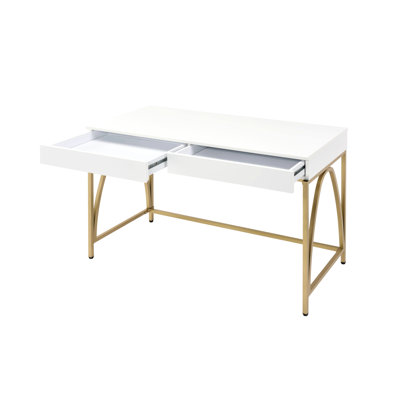 Bureau rectangulaire avec plateau blanc ultrabrillant et pieds en métal doré, 2 tiroirs avec compartiments de rangement de tiroir pour ordinateur