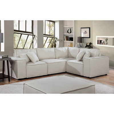 Canapé modulaire en lin beige 99 po avec - combinaisons de sièges flexibles, garniture de soudure, ressorts ensachés rembourrés de mousse, 5 coussins modulaires dans la conception de la garniture, accent inclus