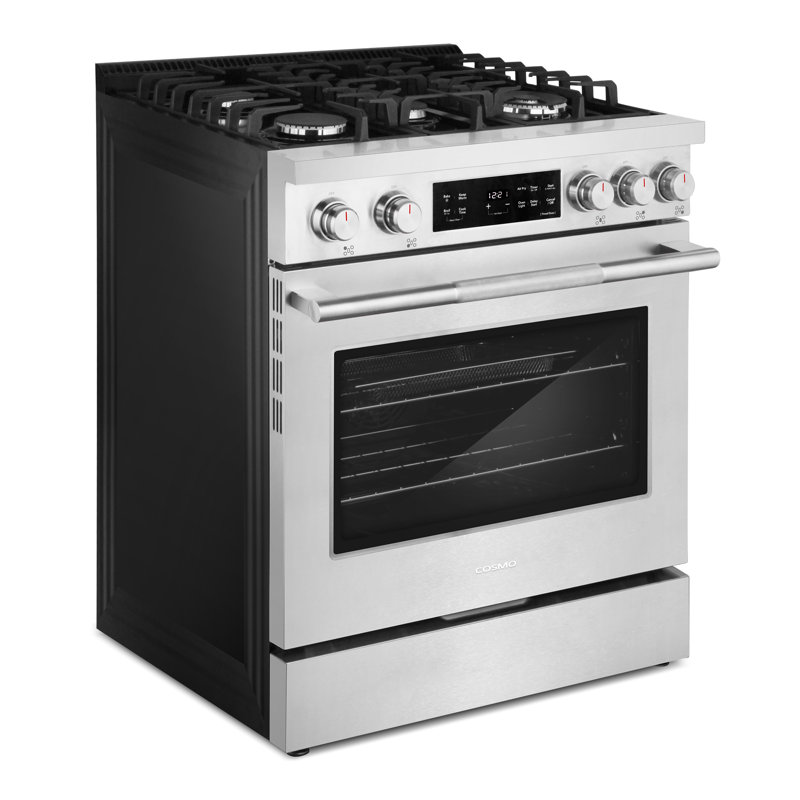 Cosmo 30 po Collection Stellar 4,8 pi³ Cuisinière à gaz, 5 brûleurs, four à convection, grilles en fonte, acier inoxydable