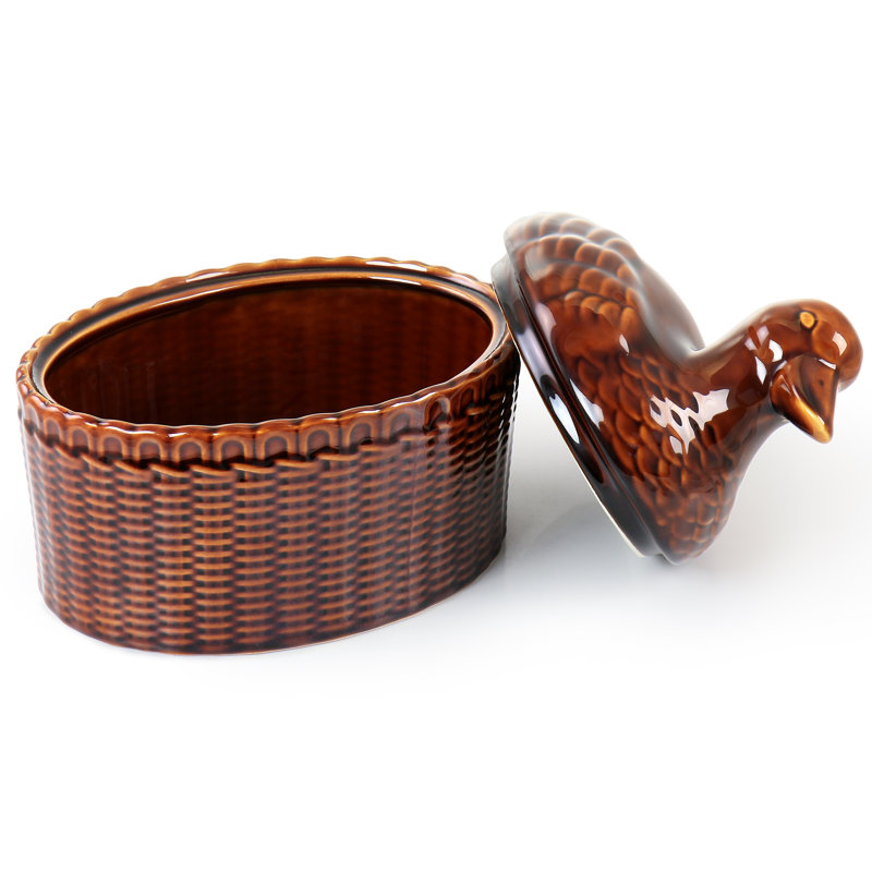Brown Stoneware Goose-Shaped Oval Baker with Lid