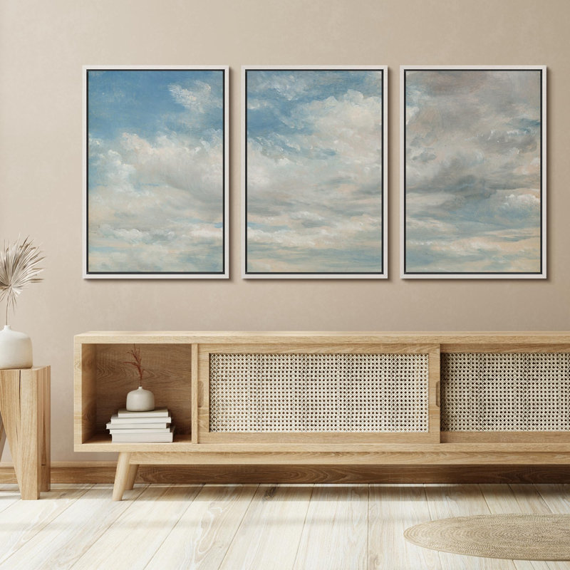 «Ciel apaisant, paysage serein bleu, paysage naturel, nature, illustrations, art moderne, décor rustique», 3 pièces, Blanc