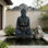 Fontaine de Bouddha méditant 28 pouces à 2 niveaux avec lumière DEL et pompe, statue de Bouddha en cascade extérieure pour patio