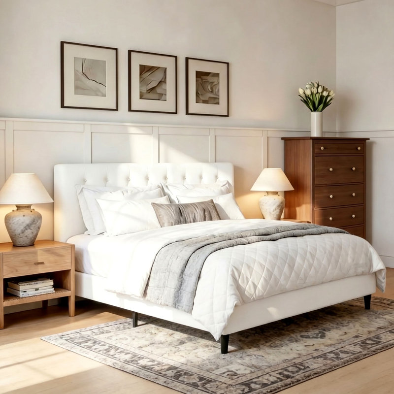 Upholstered Vegan Leather Tufted Platform Bed with Iron Frame, Low Profile Metal Bed Frame, Full, White