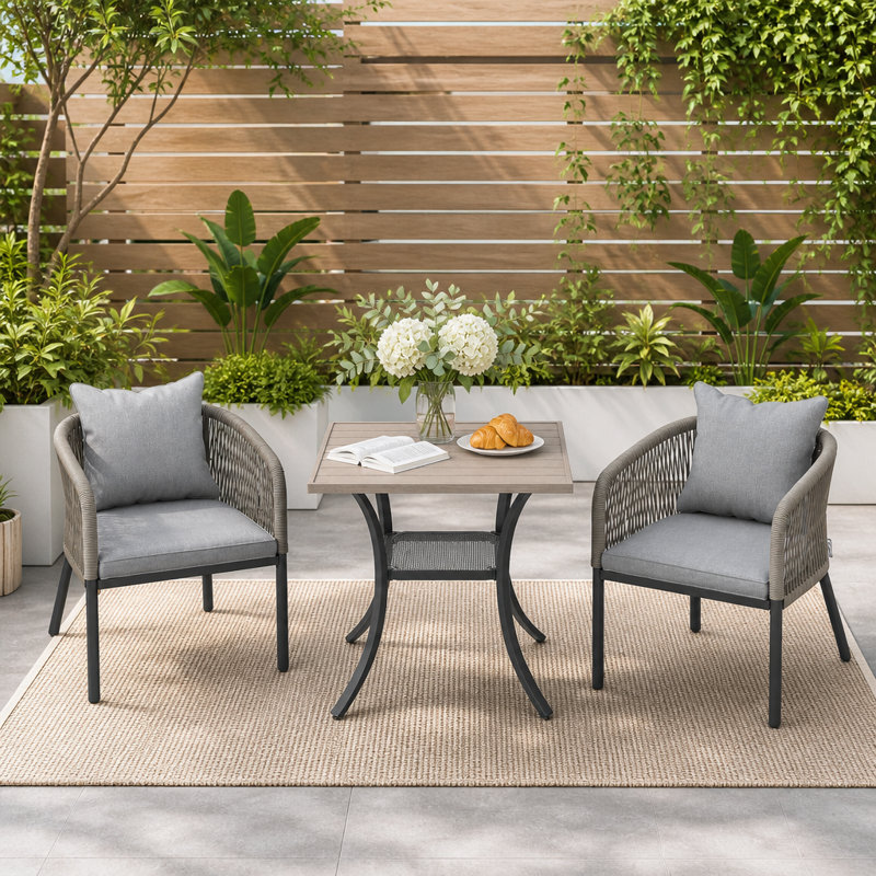 Ensemble repas d'extérieur carré pour 4 personnes avec fauteuils et coussins en rotin PE, Gray Woodlike/Gray