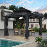 Aluminum Patio Gazebo - Galvanized Steel Hardtop Gazebo with Curtains & Netting