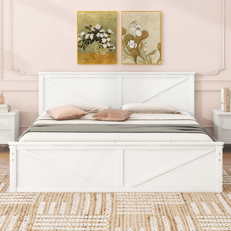 Lit plateforme en bois avec quatre tiroirs de rangement et pieds de support, Très grand lit, White
