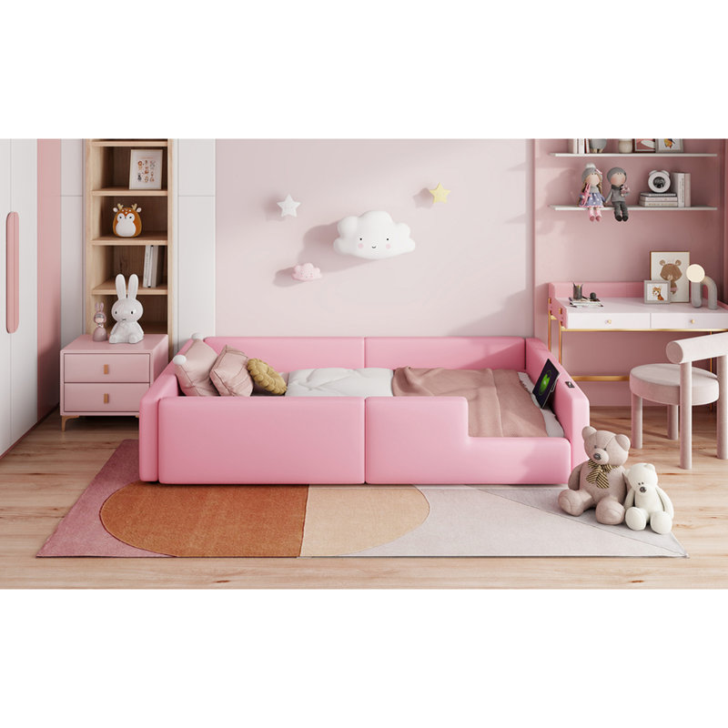 Lit simple rembourré rose avec garde-corps et station de charge - Conception élégante, plateforme pleine grandeur de taille fiable + fabrication en pin