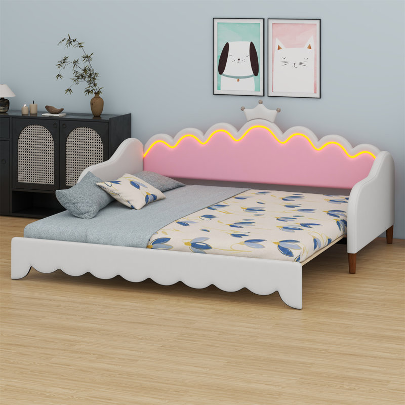 Lit de jour extensible avec lumières DEL, lit de jour rembourré princesse moderne avec tête de lit couronne, Blanc