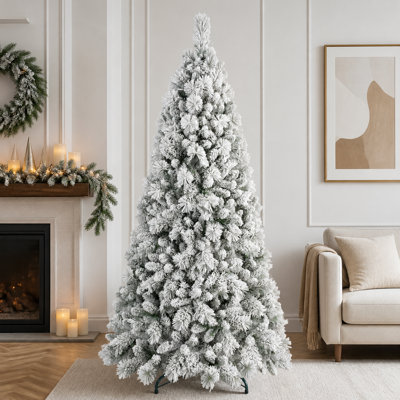 Arbre de Noël 7,5 pi avec 500 lumières à DEL blanc chaud, 1252 pointes, PVC enneigé et branches à aiguille dure, conception à charnières, support en métal robuste, arbre de Noël plein et réaliste