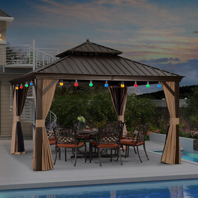 Metal Patio Gazebo with 48 Ft String Lights, 12 ft x 12 ft
