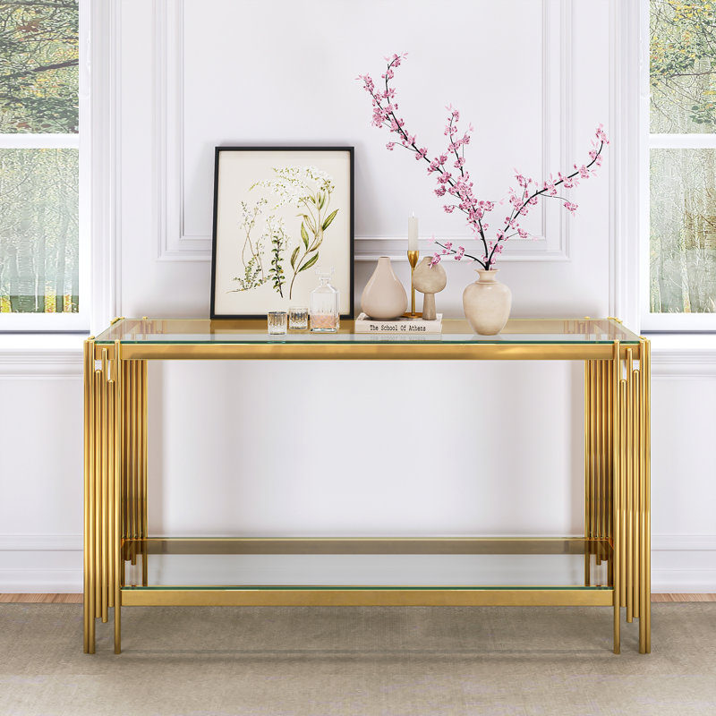 Clodoveo 47.24'' Glass Top Console Table, Clear, Gold