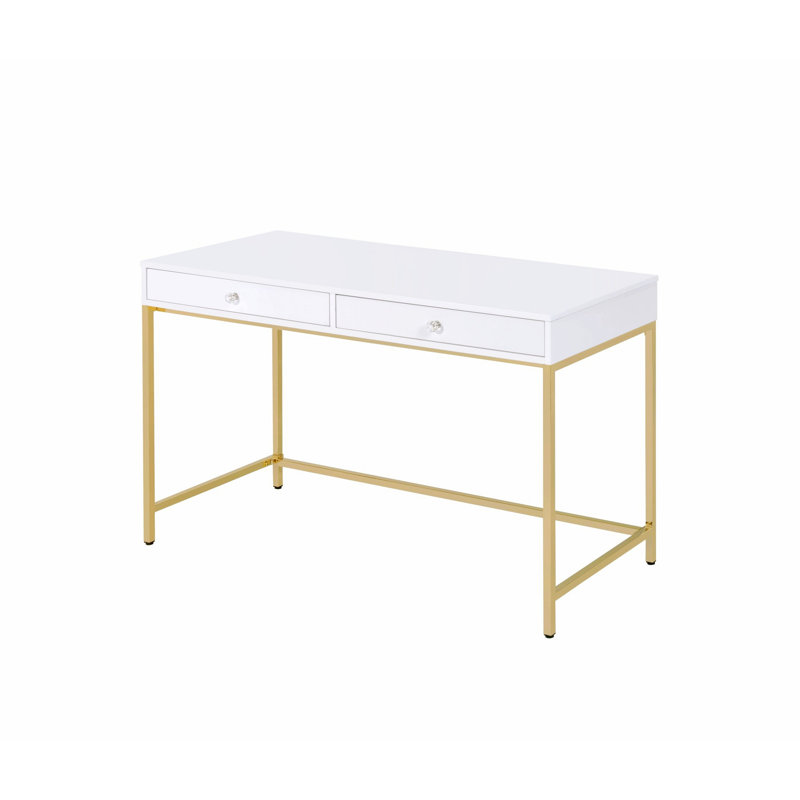 Bureau d'écriture avec pied en métal et 2 tiroirs de rangement, Blanc